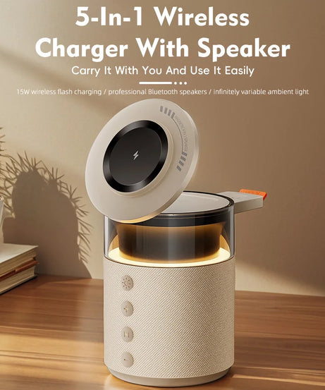5-in-1 Magnetic Wireless Charging Station with Wireless Speaker Night Light Fast Charger for iPhone iWatch AirPods With Speaker