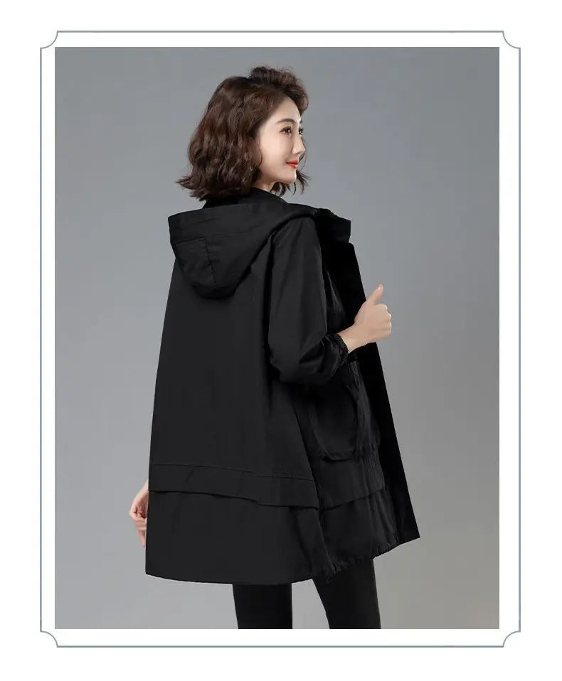 2024 Women Trench Coat With Hooded Tops Autumn New Coat Long-Sleeved Loose Mid-Length Outerwear Female Windbreaker