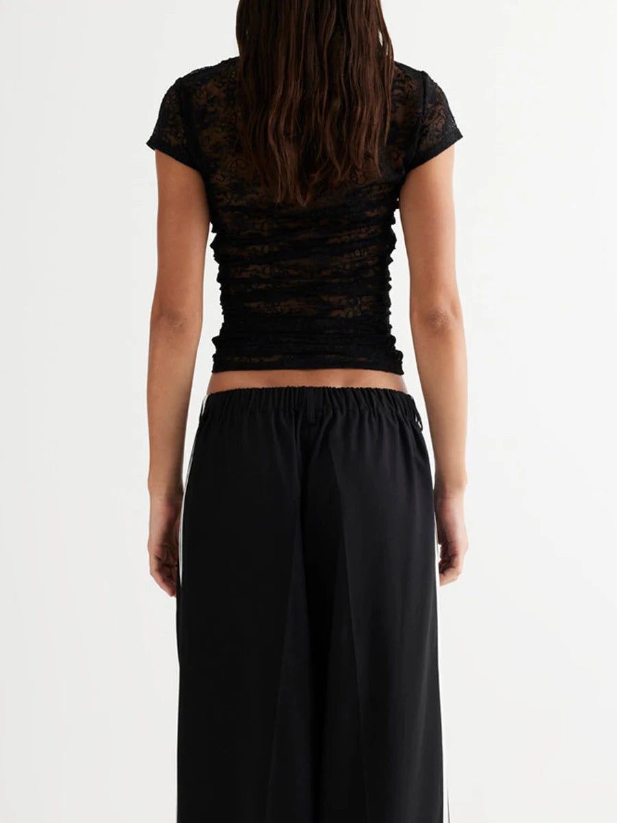 Women Lace Sexy Y2k Basics Minimalist Tanks Camis T-shirt Crew Neck Short Sleeve See-through Summer Tops for Club Party