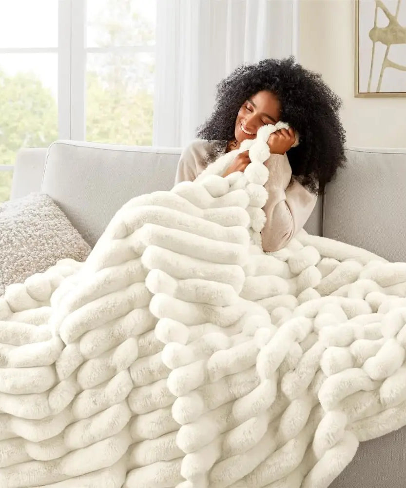 Ultra Soft Faux Rabbit Fur Throw Blanket Warm Plush Striped Blankets Conditioning Quilt Fluffy Throws for Couch Chair Sofa