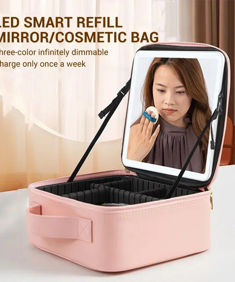 New LED Lighted Cosmetic Case With Mirror PU Leather Portable Travel Makeup Storage Bags Waterproof Travel Makeup Bag