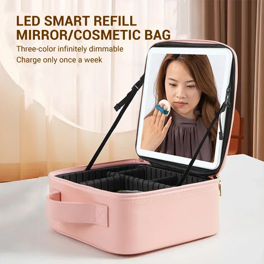 New LED Lighted Cosmetic Case With Mirror PU Leather Portable Travel Makeup Storage Bags Waterproof Travel Makeup Bag