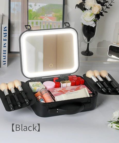 Portable Makeup Organizer Box with LED Light & Mirror – Travel-Friendly Cosmetic Train Case for Brushes box