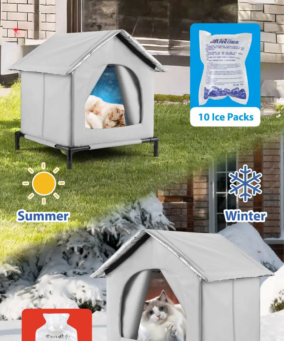 All-Season Waterproof Cat House with Ice Packs & Heating Bags, Foldable Shelter for Indoor & Outdoor Use, Available in 3 Sizes