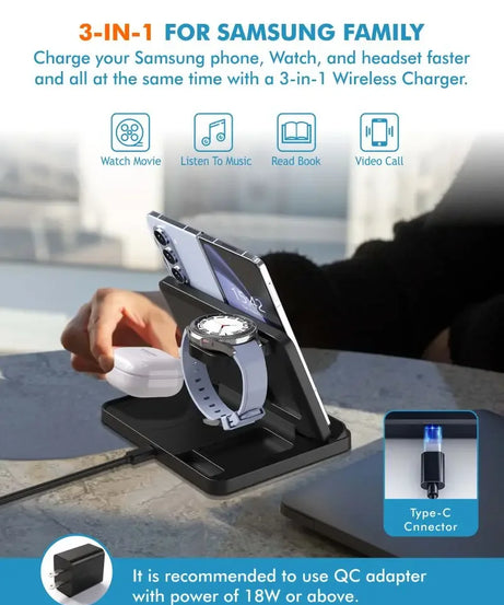 3 in 1 Wireless Charger Stand For Samsung Z Fold Zflip5 S24 S23 Ultra Galaxy Watch 6 5 Buds2 Foldable Fast Charging Dock Station
