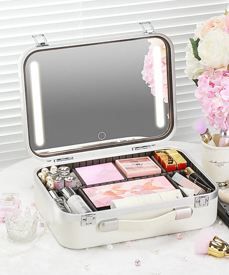 Lighted Makeup Case with Mirror - Portable Travel Makeup Organizer with LED Mirror, 3 Light Settings, Rechargeable Makeup Bag w