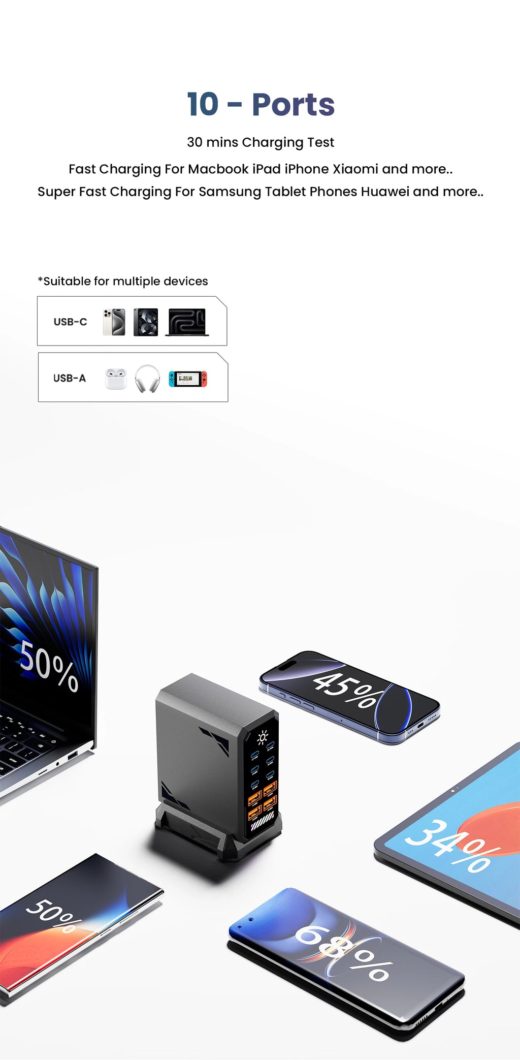 660W GaN USB C Charger Station 10 Port Fast Charger Type C PD3.1 PD3.0 PPS Quick Charger For Macbook Pro iPad iPhone 16 Samsung