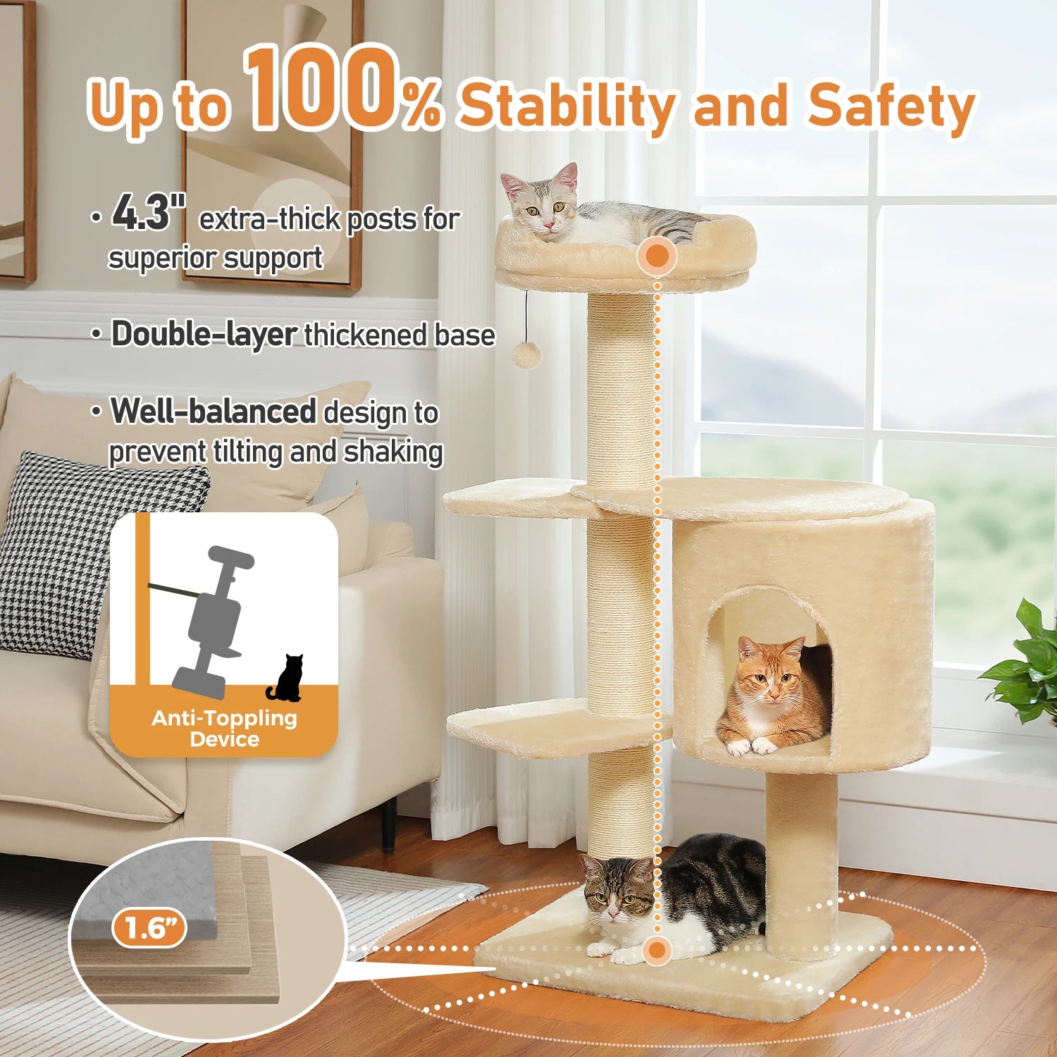 Large Cat Tree with Thick Scratching Posts, Heavy-Duty Cat Tree for Large Adult Cats, Spacious Cat Condo for Big Cats, Cat Toys