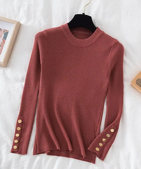 2025 women thick sweater pullovers khaki casual autumn winter button o-neck chic sweater female slim knit top soft jumper tops