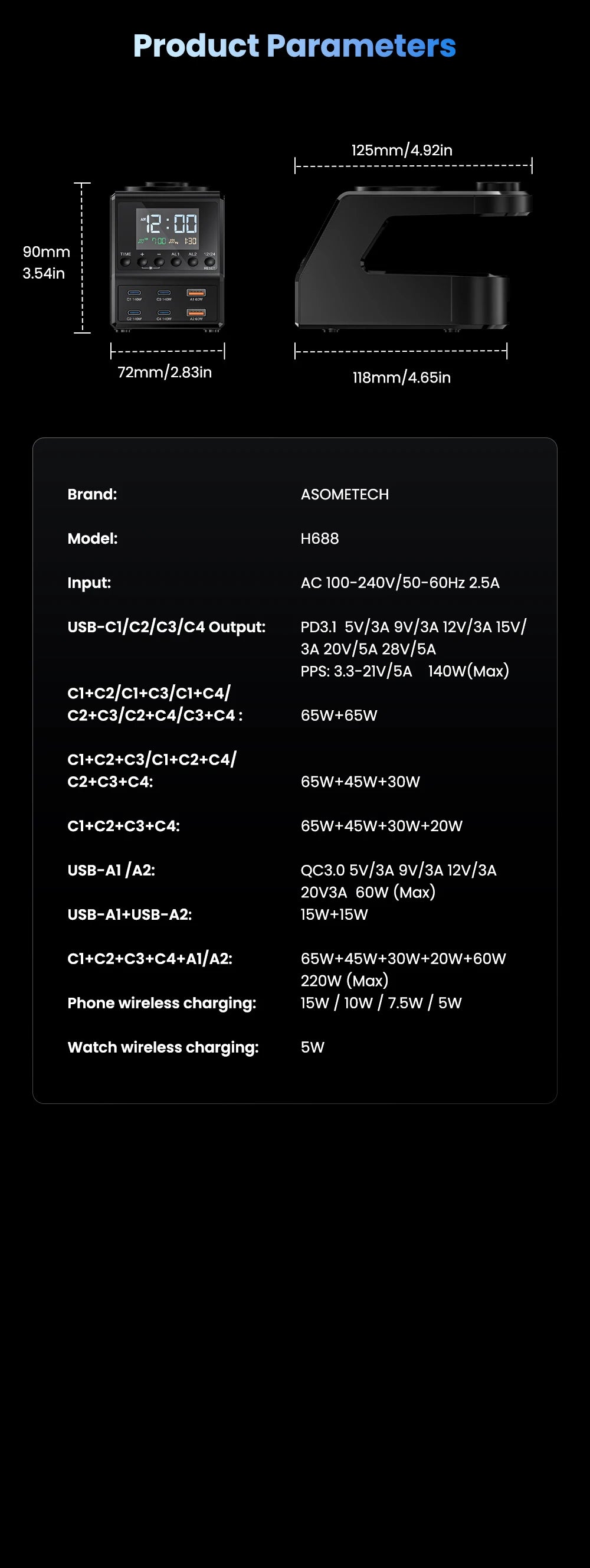 240W GaN Charger Station 4×140W PD3.1 USB Type C Wireless Fast Charger for MacBook iPad Samsung Alarm Clock Time Display