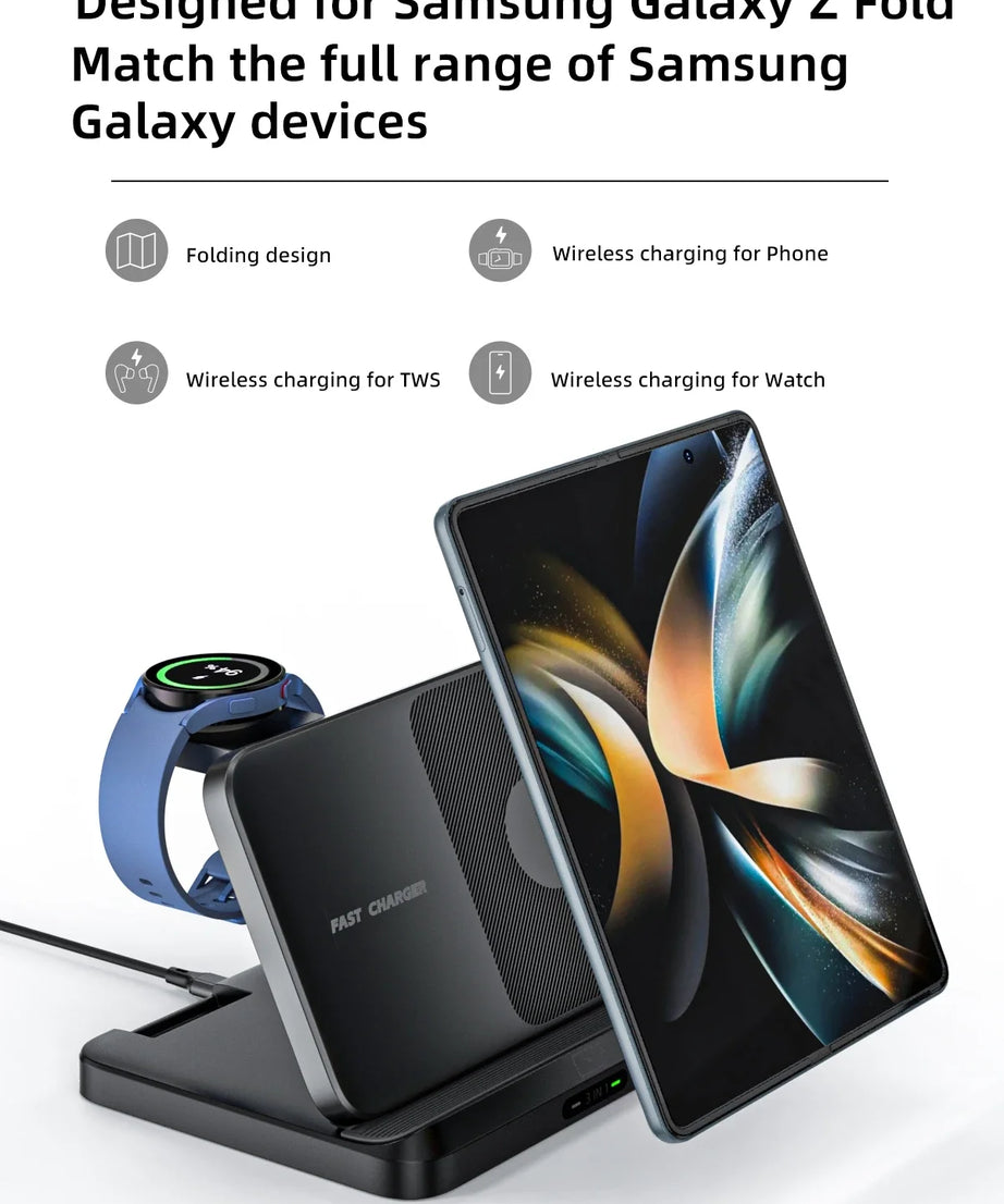 3 in 1 Wireless Charger Stand For Samsung Z Fold Zflip5 S24 S23 Ultra Galaxy Watch 6 5 Buds2 Foldable Fast Charging Dock Station
