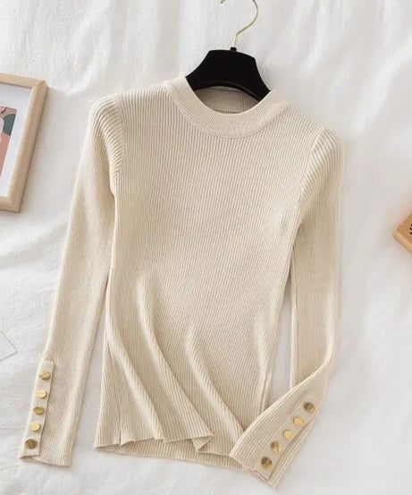 2025 women thick sweater pullovers khaki casual autumn winter button o-neck chic sweater female slim knit top soft jumper tops