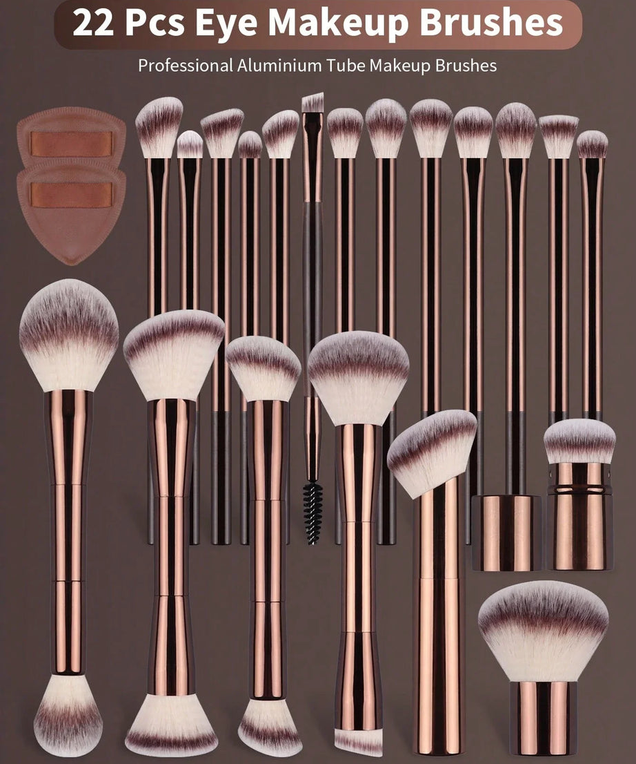 22pcs Professional Makeup Tools Set With Velvet Bag,20pcs Soft Long Aluminum Tube Makeup Brush Set+2pcs Powder Puffs Accessories