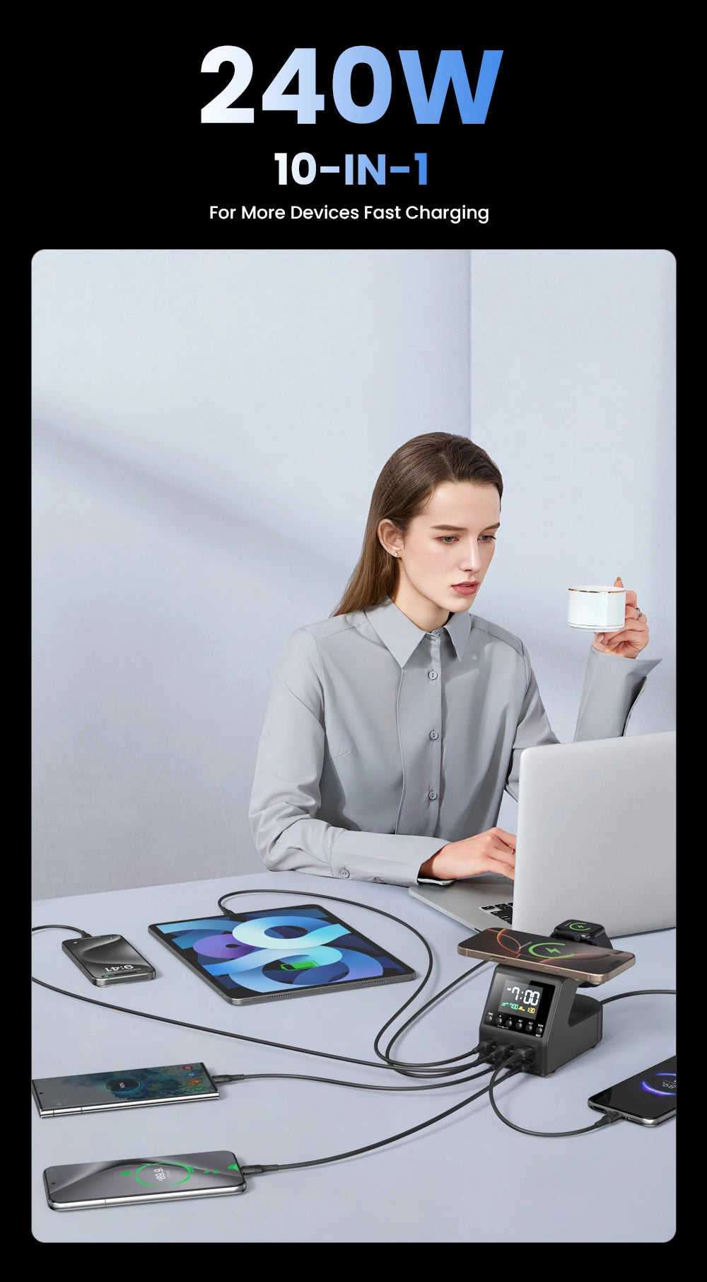 240W GaN Charger Station 4×140W PD3.1 USB Type C Wireless Fast Charger for MacBook iPad Samsung Alarm Clock Time Display