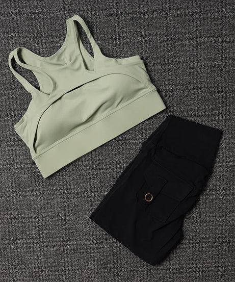 Fitness Shorts Yoga Sets Women's Tracksuit High Waist Sportswear Bra Workout Leggings Cycling Gym Shorts Sports Suit With Pocket