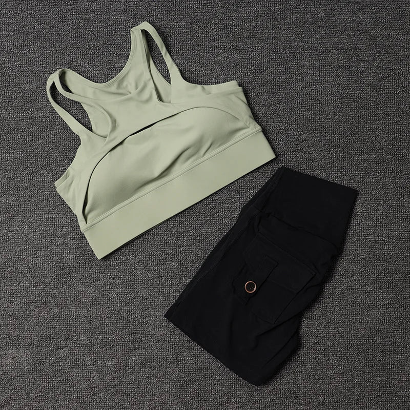 Fitness Shorts Yoga Sets Women's Tracksuit High Waist Sportswear Bra Workout Leggings Cycling Gym Shorts Sports Suit With Pocket