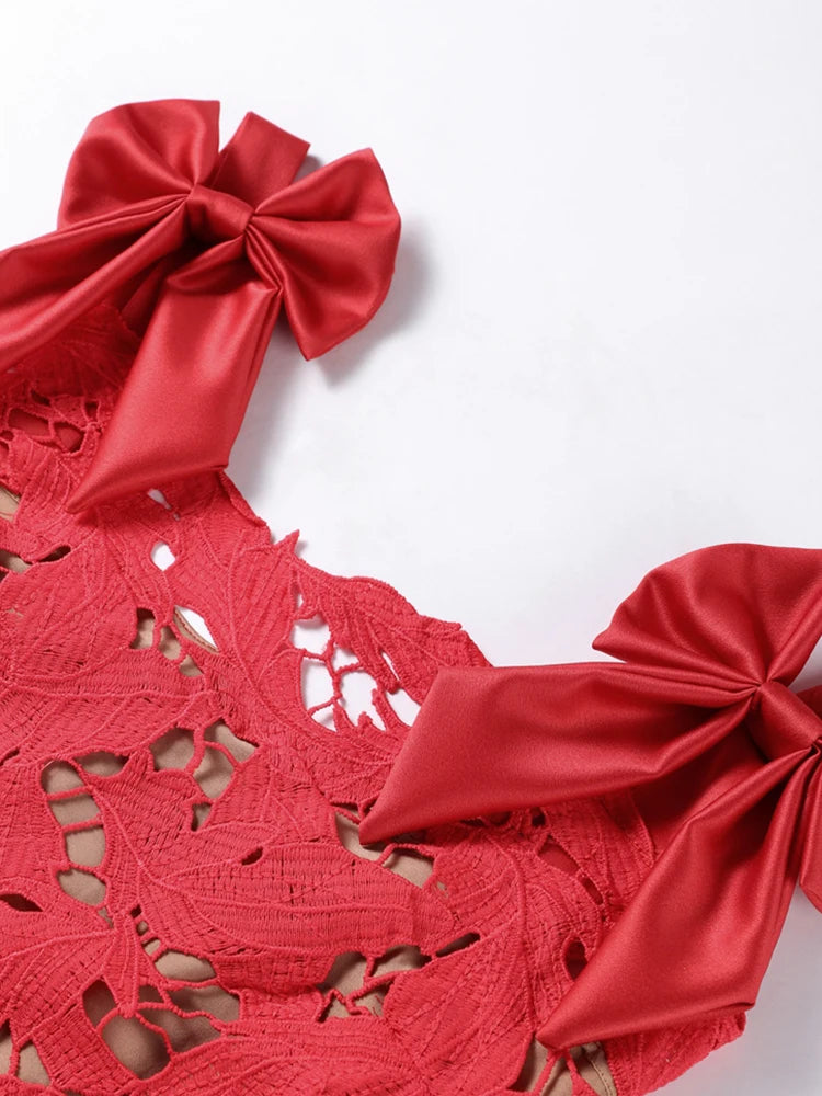 Lace Crochet Bow Slip Dress Hollow Out Slim Fit Club Party Gown Robes Sexy Backless Women Vacation Beach Suspender Long Dresses