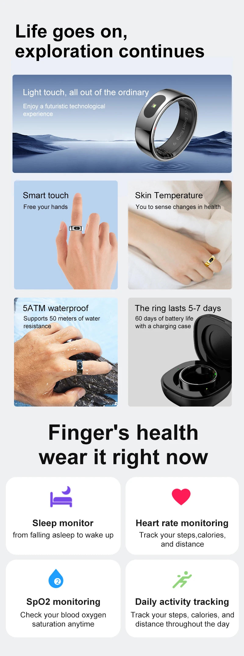 R08 Smart Ring For Men Women Touch Control Function Health Monitor IP68 5ATM Waterproof Skin Temperature Measure Smart Ring New