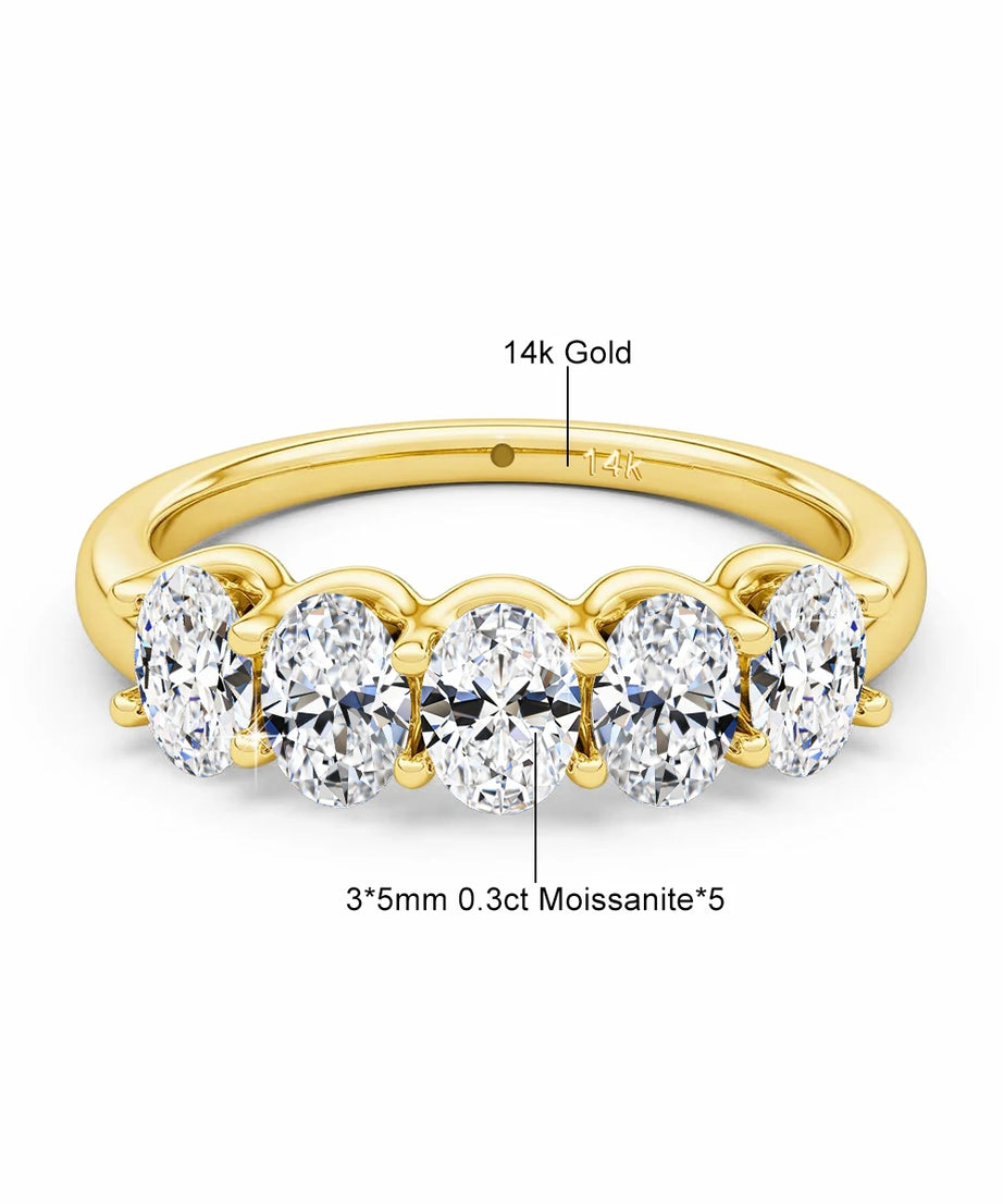 Oval 14K Yellow Gold Engagement Ring GRA Certified Moissanite Row Band 5 Stone 1.5ctw 100% Authentic for Women Wedding Jewelry