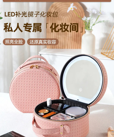 Waterproof Round Vanity Case with LED Light Mirror - Large Capacity, Portable Cosmetic Organizer Bag for Business Trips & Travel