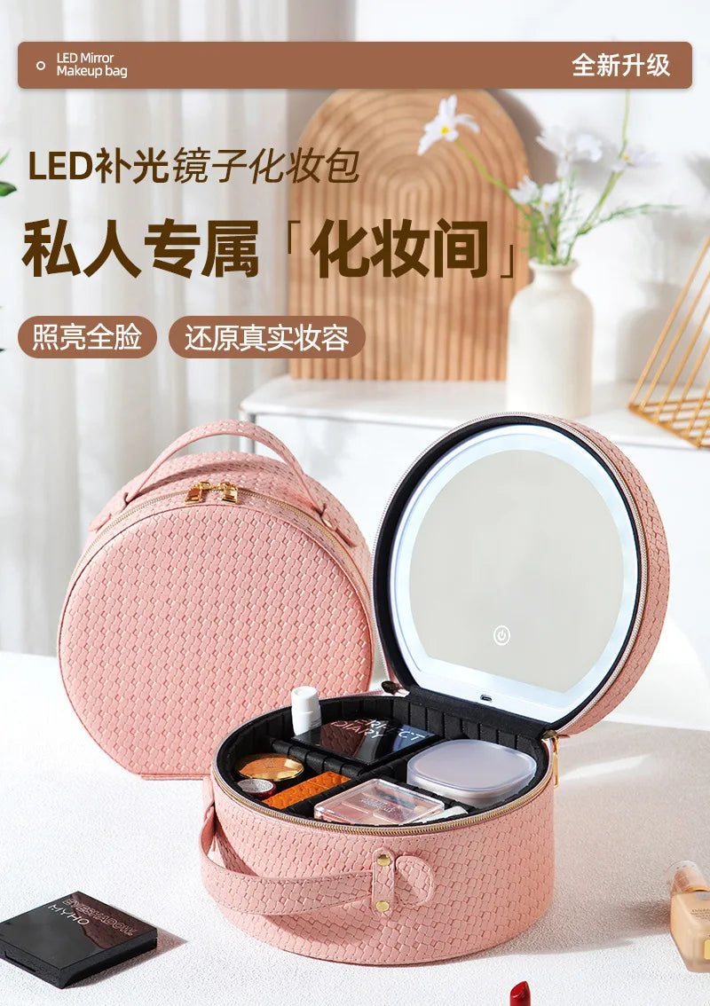 Waterproof Round Vanity Case with LED Light Mirror - Large Capacity, Portable Cosmetic Organizer Bag for Business Trips & Travel
