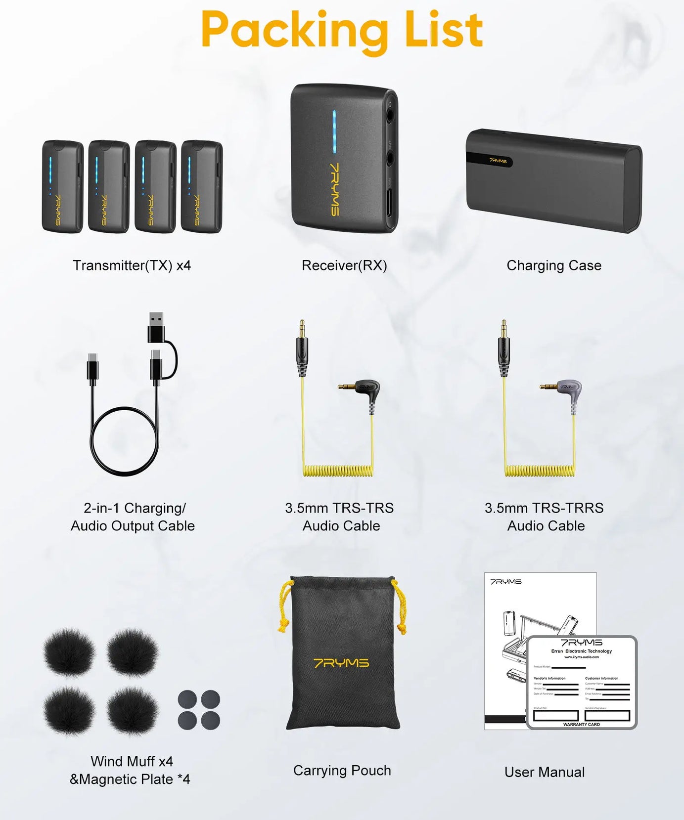 7Ryms iRay DW40 Wireless Lavalier Microphone with 4 Transmitters,48kHz/24bit Recording,AI Denoise for Camera,SmartPhone and PC