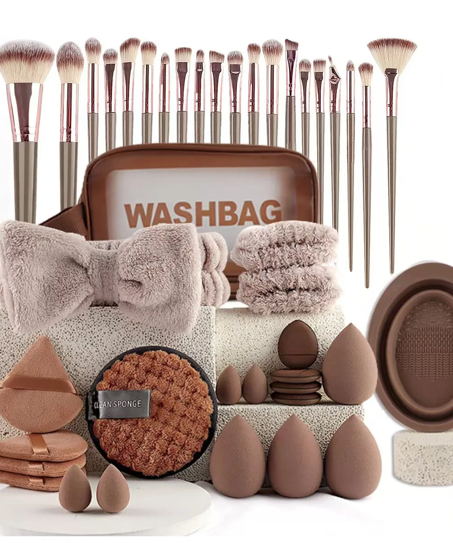 56-Piece Make up Brush Set (chocolate)- Full Face Cosmetics Kit , Eyeshadow Blending Brushes & Beauty Sponge  make up brushes