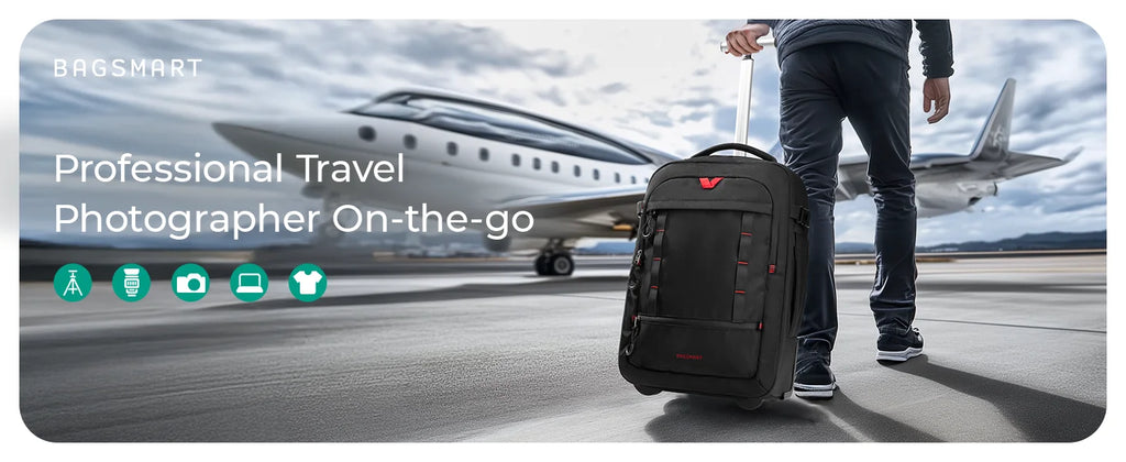 BAGSMART Rolling Camera Bag Photographer Backpack for DSLRs Professional Roller Photo Bags Photographic Rolling Travel Suitcase