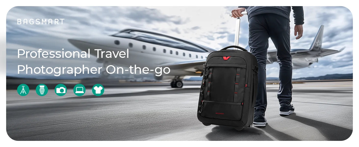 BAGSMART Rolling Camera Bag Photographer Backpack for DSLRs Professional Roller Photo Bags Photographic Rolling Travel Suitcase