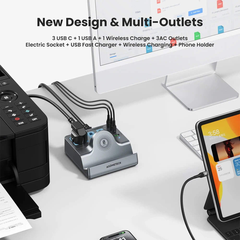 72W Fast Charging Station With Wireless Charger 3 Socket Outlets 4 USB Porst Power Strip Adapte For iPhone 14 Samsung Laptop