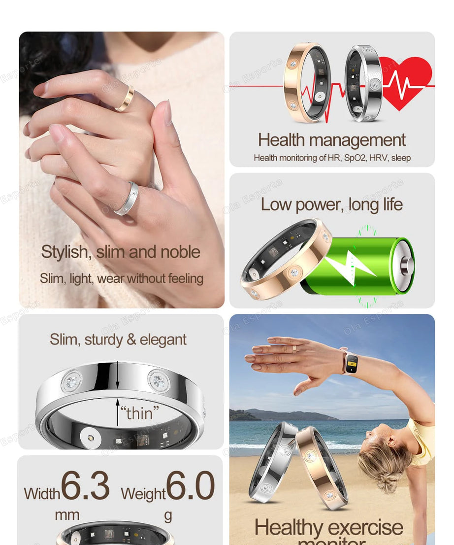 2025 Smart Ring Women Men Super narrow 6.3mm Heart Rate Health Stress measurement Monitor IP68 Waterproof Fashion Sports Rings