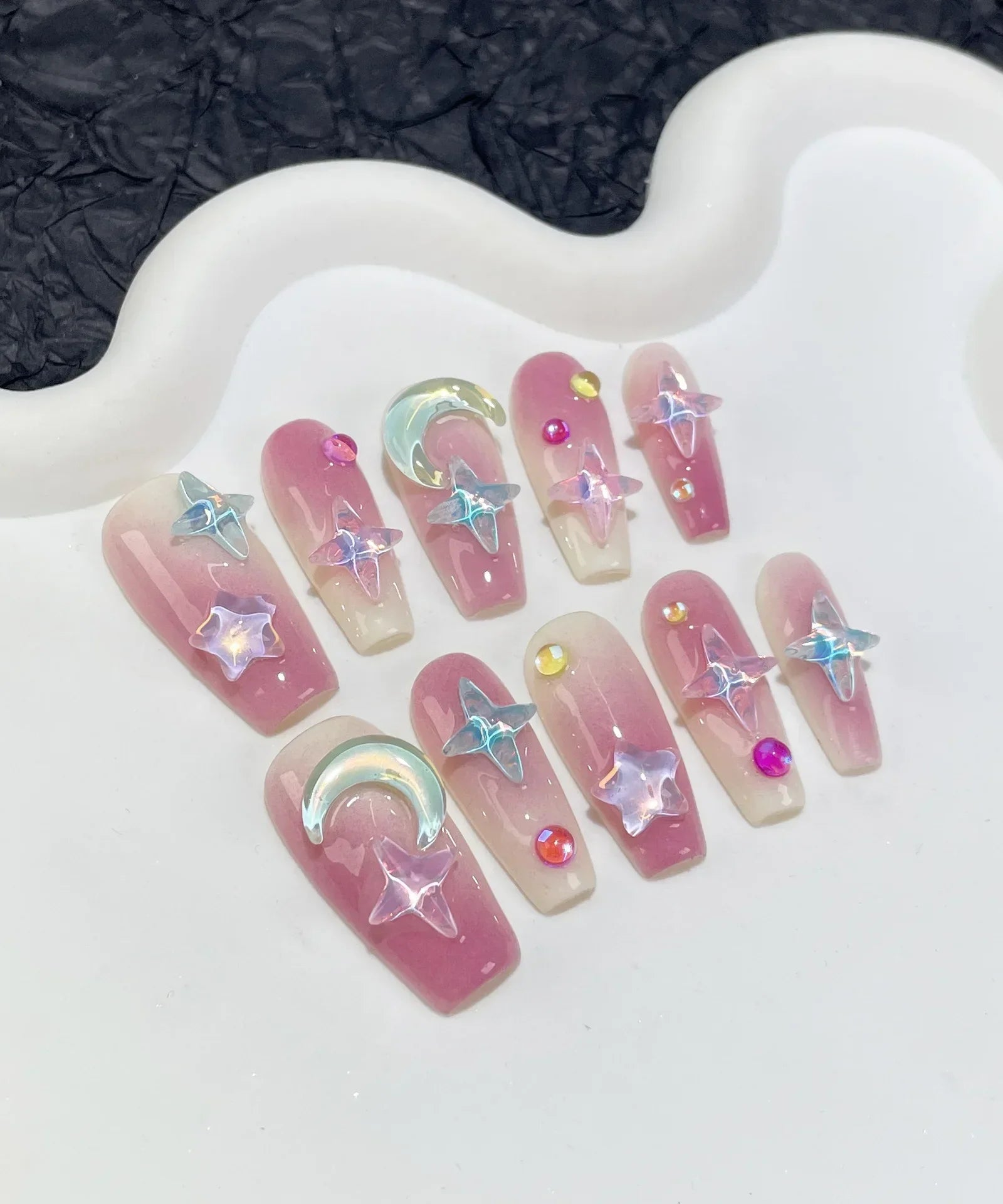 10Pcs Handmade Press on Nails Long Ballet Blue Fake Nails with 3D Ocean Moon Rhinestone Design False Nails Full Cover Nail Tips