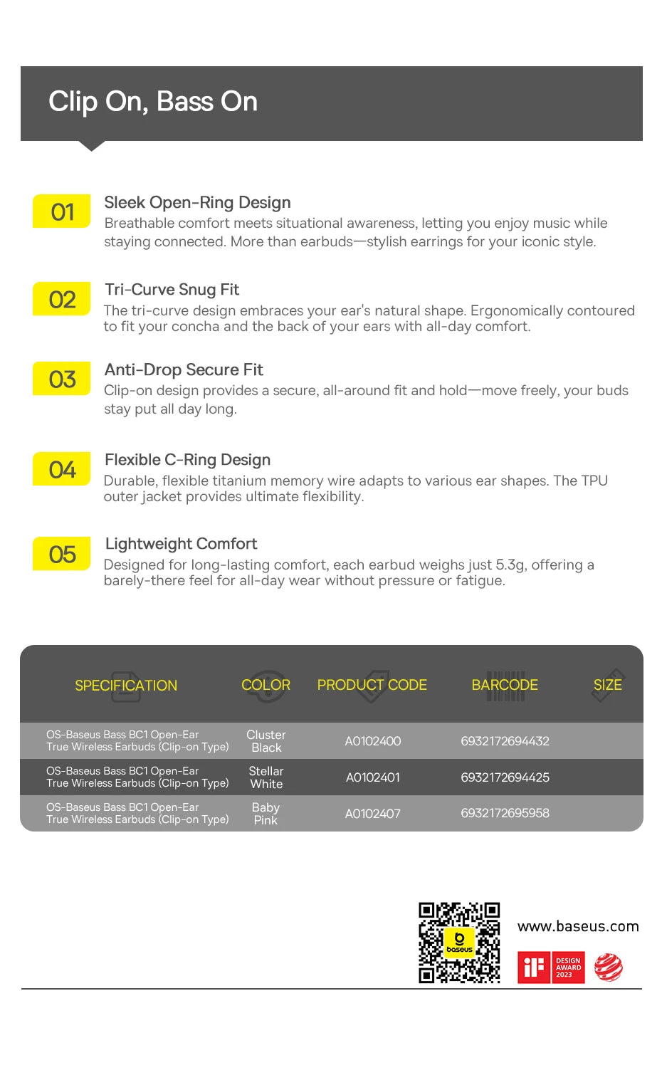 Baseus BC1 Ear Clip Earbuds Open Ear Wireless Earphones Bluetooth 6.0 Clip On Sports Headphones 4-Mics Super Bass IP55 Ear buds