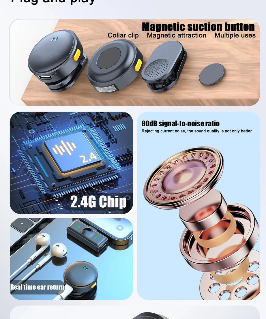 Lavalier Microphone 2.4GHz Wireless Microphone Magnetic Suction Microphone With Charging Case For Video Recording Plug and Play