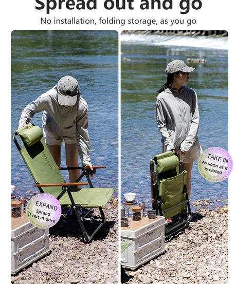 BSWOLF Camping Folding Chair Adjustable Armrest Portable Relaxing Chair With Detachable Pillow for Beach Travel Hiking