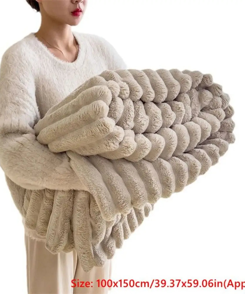 Ultra Soft Faux Rabbit Fur Throw Blanket Warm Plush Striped Blankets Conditioning Quilt Fluffy Throws for Couch Chair Sofa