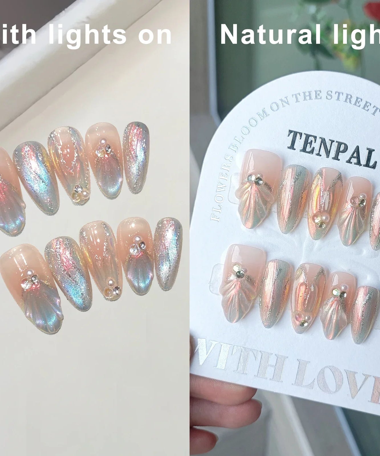 10Pcs Handmade Press on Nails Long Ballet Blue Fake Nails with 3D Ocean Moon Rhinestone Design False Nails Full Cover Nail Tips