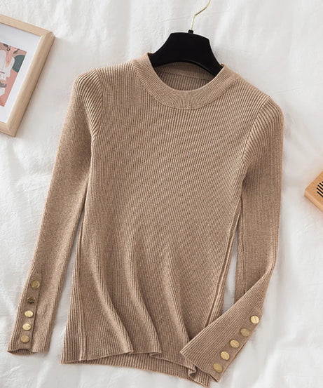 2025 women thick sweater pullovers khaki casual autumn winter button o-neck chic sweater female slim knit top soft jumper tops