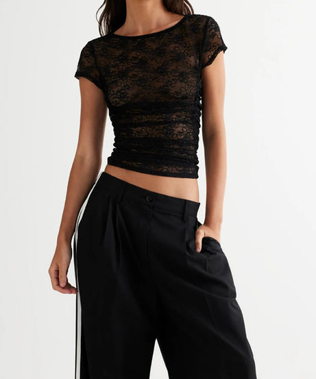 Women Lace Sexy Y2k Basics Minimalist Tanks Camis T-shirt Crew Neck Short Sleeve See-through Summer Tops for Club Party