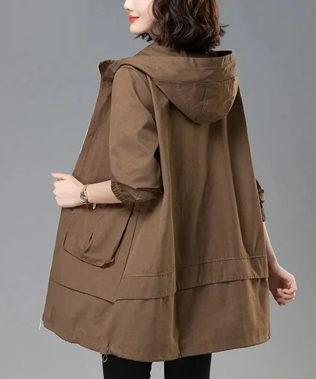 2024 Women Trench Coat With Hooded Tops Autumn New Coat Long-Sleeved Loose Mid-Length Outerwear Female Windbreaker