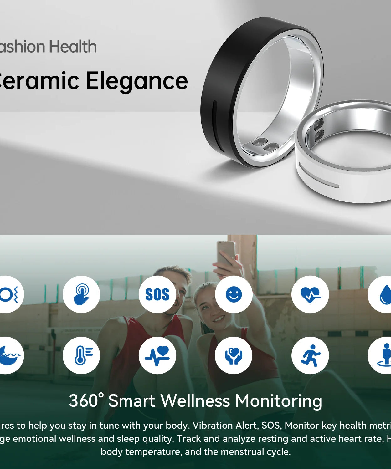 Ceramic Smart Ring with Vibrate Alerts Calls Alarm Notification Vibration, Health and Sleep Monitor 5ATM Waterproof Ring for Men