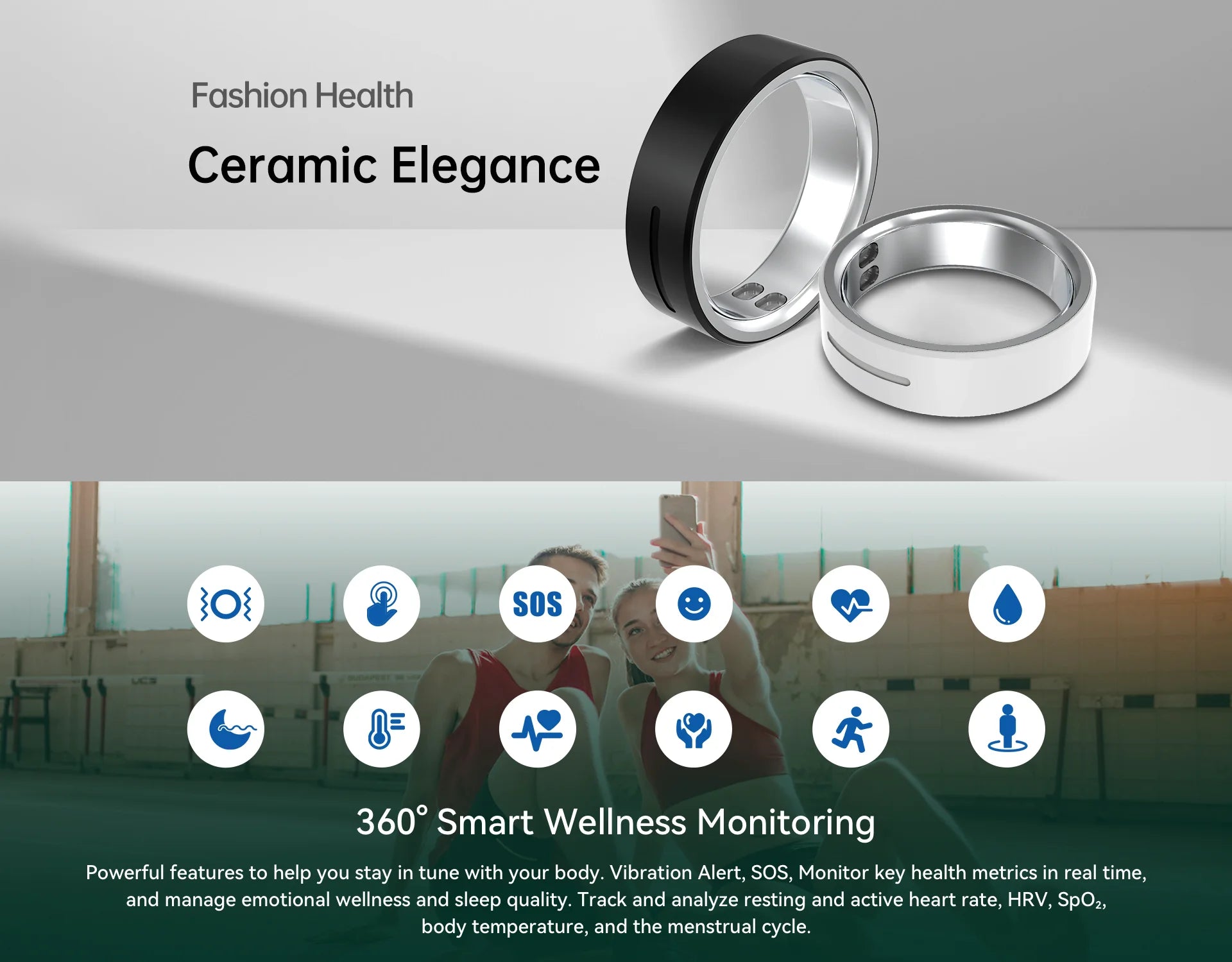 Ceramic Smart Ring with Vibrate Alerts Calls Alarm Notification Vibration, Health and Sleep Monitor 5ATM Waterproof Ring for Men