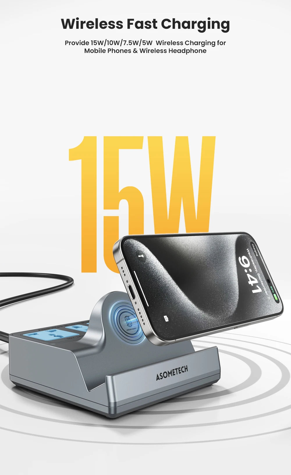 72W Fast Charging Station With Wireless Charger 3 Socket Outlets 4 USB Porst Power Strip Adapte For iPhone 14 Samsung Laptop