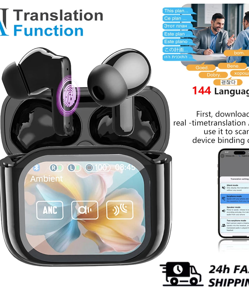 Real Time Translators Headphones with Touch Screen 144 Languages Translation Bluetooth 5.4 Earbuds Noise Cancelling Headset