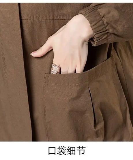 2024 Women Trench Coat With Hooded Tops Autumn New Coat Long-Sleeved Loose Mid-Length Outerwear Female Windbreaker