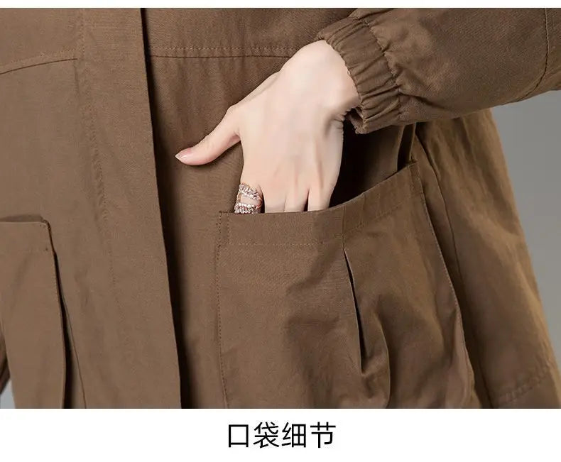 2024 Women Trench Coat With Hooded Tops Autumn New Coat Long-Sleeved Loose Mid-Length Outerwear Female Windbreaker
