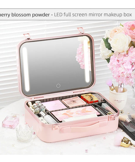 Lighted Makeup Case with Mirror - Portable Travel Makeup Organizer with LED Mirror, 3 Light Settings, Rechargeable Makeup Bag w