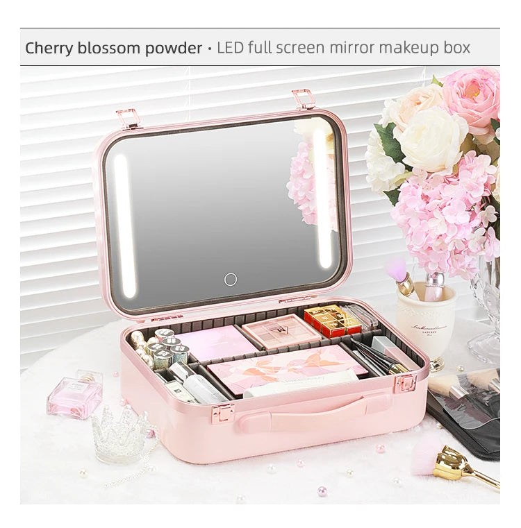 Lighted Makeup Case with Mirror - Portable Travel Makeup Organizer with LED Mirror, 3 Light Settings, Rechargeable Makeup Bag w