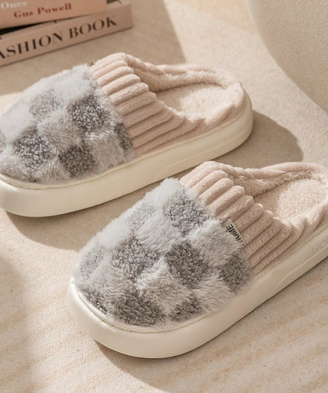 Fashion Couple Winter Toe Wrap Warm Plaid Cotton Slippers Thick Soft Sole Slides Men Women Indoor Floor Flat Home Non-slip Shoes