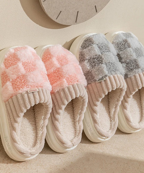Fashion Couple Winter Toe Wrap Warm Plaid Cotton Slippers Thick Soft Sole Slides Men Women Indoor Floor Flat Home Non-slip Shoes